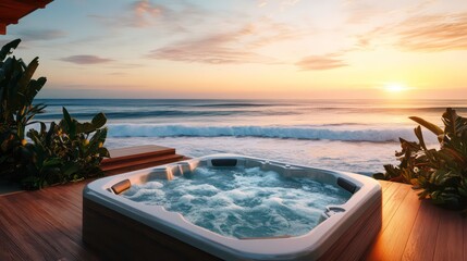 Fototapeta premium Oceanfront hot tub at sunset, with waves crashing.