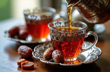 Traditional arabic tea poured into glass cup. Dates, sweet treats on silver plate. Scene evokes traditional arabic cultural experience, possibly during Ramadan similar cultural event. Silverware,