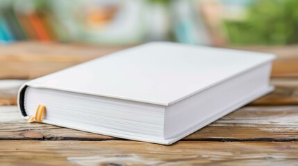 Naklejka premium A blank white book rests on a rustic wooden table, perfect for showcasing branding ideas in a cozy setting.