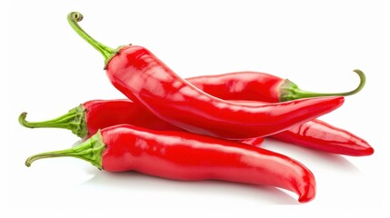 Vibrant red chili peppers on a clean white background, perfect for capturing the essence of spicy cuisine and heat.