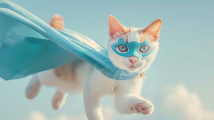 A fearless cat donning a blue cloak and mask soars through the pastel skies, embodying the spirit of a super pet hero.