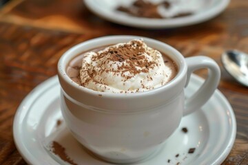 Fototapeta premium Steaming cup of hot chocolate topped with whipped cream and chocolate shavings, creating a cozy and indulgent winter treat