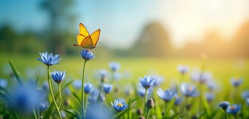 Springtime scene shows vibrant blue flowers in field with bright butterfly resting on one. Nature background with fresh spring blossoms. Sunny day. Perfect for banners springtime designs. Beautiful