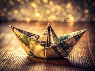 A retro photograph captures a charming origami boat crafted from folded banknotes, showcasing antique money art.