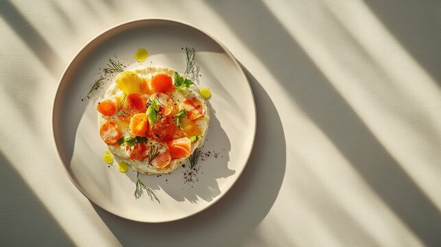 Artfully arranged dish on minimalist plate with vivid hues and taupe background