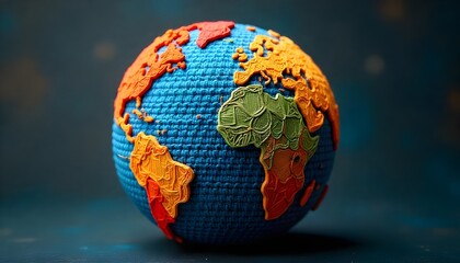 A planet Earth crafted from colorful yarn, representing sustainable textiles, eco-friendly fashion, zero waste, and renewable energy in the fashion industry
