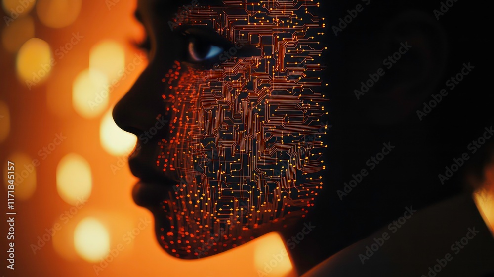 Leinwandbilder close-up profile of a person's face with a circuit board overlay, set against a bokeh background.