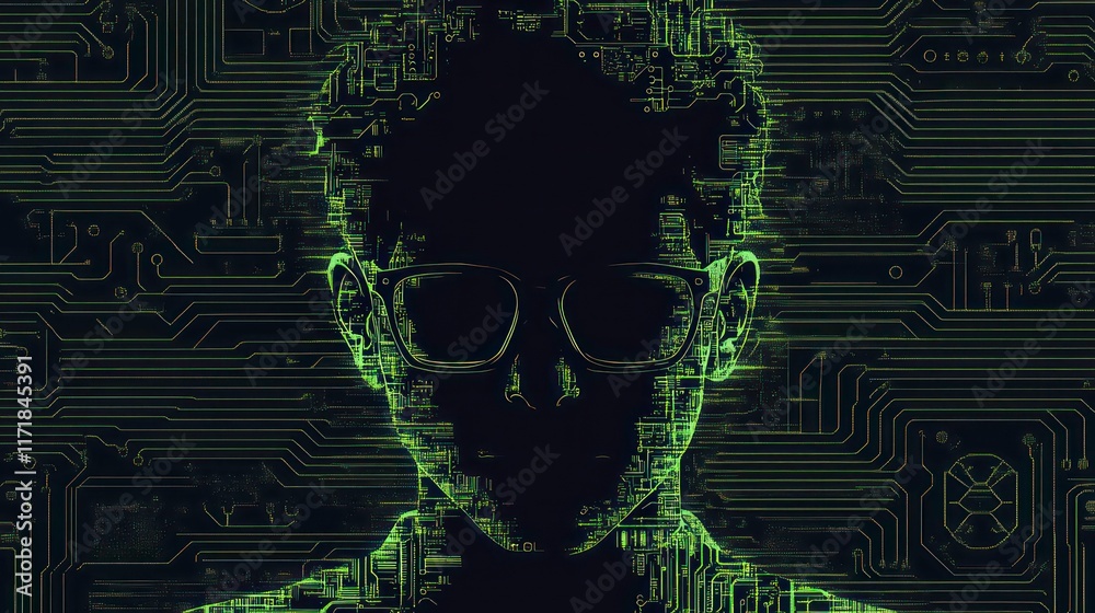 Poster anonymous person's face composed of circuit board lines.