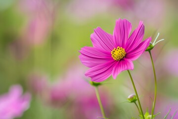Close up of a pink cosmos flower with a yellow center, growing in a field with other cosmos flowers blurred in the background
