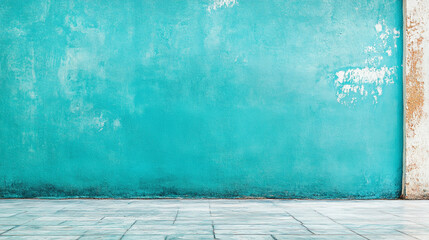 Turquoise painted wall with a smooth, plain background symbolizing calm, serenity, and tranquility amidst the chaos, offering a modern and minimalist aesthetic in a vibrant yet peaceful setting

