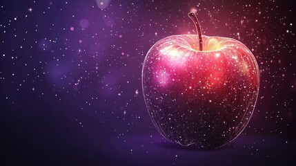 Surreal digital featuring a glowing shiny red apple suspended in a cosmic galaxy backdrop with sparkling stars colorful nebula and a mystical ethereal atmosphere