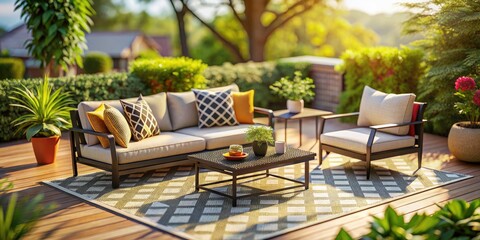 Fototapeta premium Black metal patio set, white cushions, patterned rug, miniature effect. Tilt-shift photography.