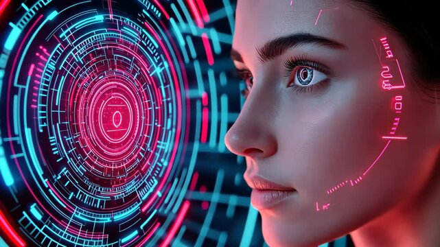 Un portrait captivant dune femme de profil, baignant dans un dcor futuriste aux lignes pures et clatantes.