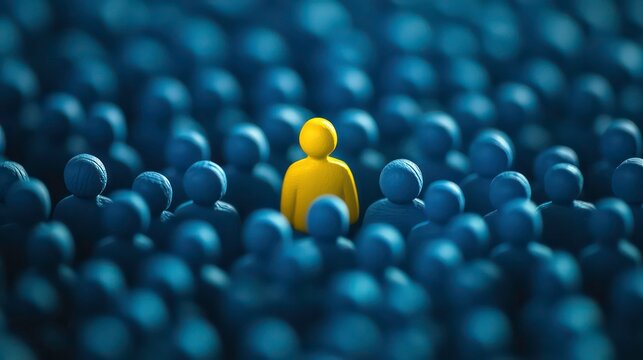 A single yellow figure stands out amongst a crowd of blue figures.