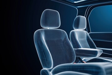 The image showcases a digital representation of car seats, featuring a wireframe design that emphasizes modern automotive technology.