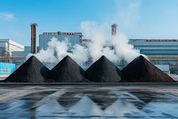 Industrial landscape with coal piles emitting pollution, environmental impact, factory in background, blue sky, clean energy transition concept