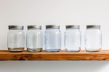 Empty glass jars on wooden shelf for eco-friendly storage solutions, promoting sustainable living, zero waste concept