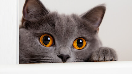 Gray cat with bright yellow eyes peeking around wooden door, symbolizing curiosity and mystery, ideal for pet or animal-themed design projects.