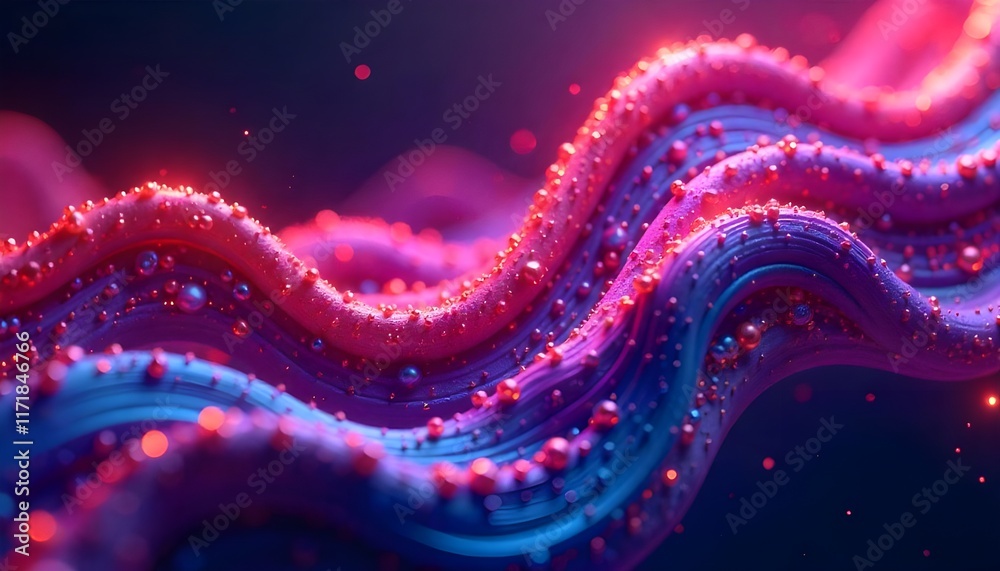 Poster an abstract digital art piece featuring fluid metallic shapes and vibrant neon gradients