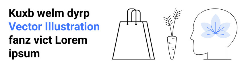 Shopping bag, organic carrot, and head with floral brain icon symbolize sustainable shopping, organic food, and mental wellness. Ideal for wellness blogs, health articles, eco-friendly brands