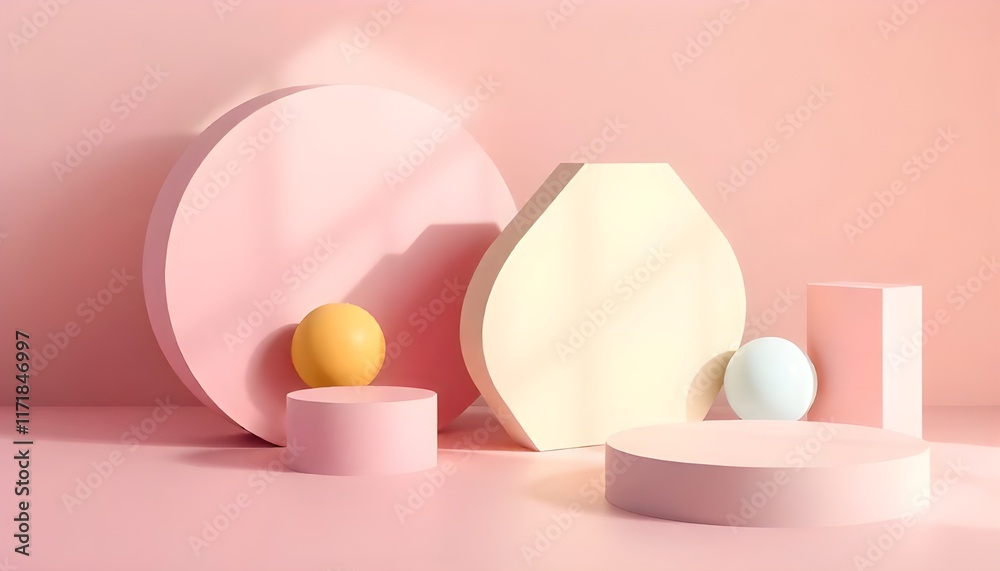 Poster a minimalist 3d render of geometric shapes in pastel tones, with soft lighting and shadows