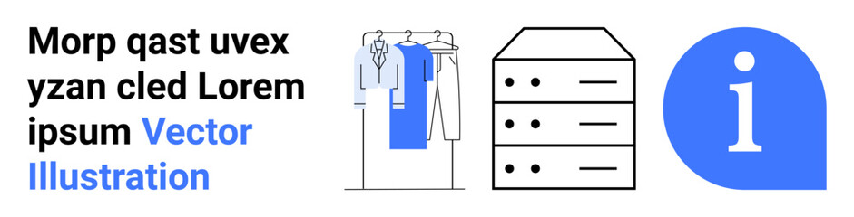 Text alongside clothing rack, cabinet, and information icon. Ideal for online shopping, retail management, information systems, server storage, data management, information iconography web design © robu_s