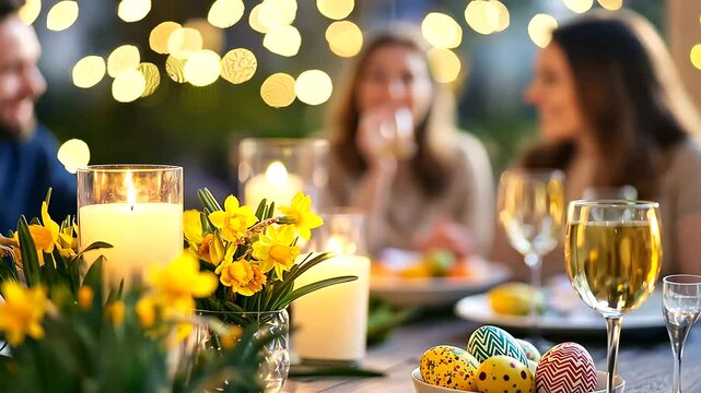 Family Gathering at Vibrant Easter Table with Decor and Meal