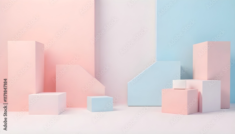 Poster a minimalist 3d render of geometric shapes in pastel tones, with soft lighting and shadows