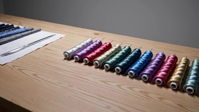 Neatly arranged colorful spools of thread on a wooden table in a minimalist workspace