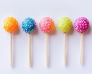 Colorful candy pops lined up on sticks, featuring vibrant hues and a sugary coating, perfect for parties or celebrations.