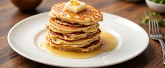 Fluffy pancakes topped with butter and syrup on a white plate, exuding a warm and inviting mood, showcasing a delicious breakfast spread on a rustic wooden table