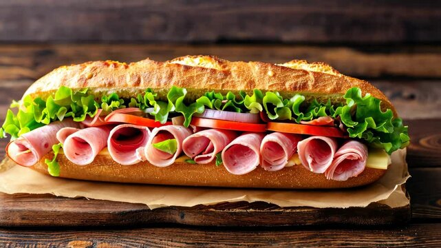 Submarine sandwich with ham or jamon, cheese, lettuce, tomatoes, onion, mortadella, and sausage on a rustic wooden table, a savory delight, Ai Generated.