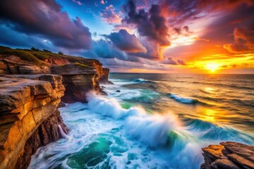 Obraz premium Dramatic coastal night scene: blurred waves crash on rocky cliffs, a long exposure captures the dusky sky.