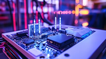 Close up of electronic circuit board with led lights, highlighting data processing and advanced technology within a server room environment