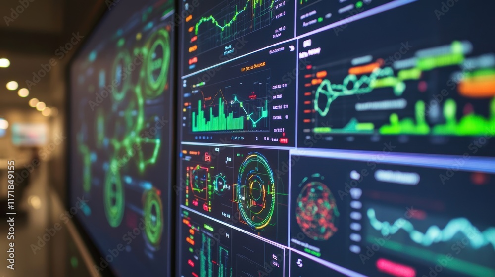 Poster multiple computer screens displaying various colorful charts, graphs, and data visualizations, repre