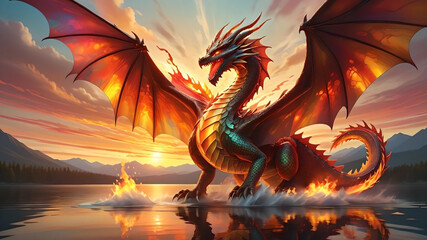 Epic Dragon Breathing Fire:  Surrounded by flames, lake, mountains at sunset