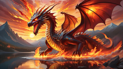 Epic Dragon Breathing Fire:  Surrounded by flames, lake, mountains at sunset
