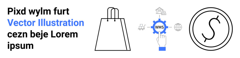 Shopping bag, WMS icon interacting with various logistic elements, currency symbol. Ideal for e-commerce, online shopping, logistics, supply chain, retail, inventory management financial