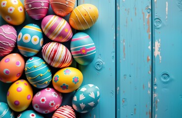 Fototapeta na wymiar Colorful hand-painted Easter eggs arranged on light blue wooden surface. Decorative eggs show various patterns, colors. Spring holiday decor. Seasonal celebration. Perfect for Easter projects.