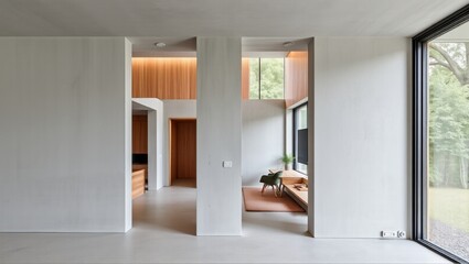 A spacious modern living room with wooden accents, minimalist furniture, a sleek staircase, large windows, and a built-in fireplace, creating a warm and contemporary vibe. Generative, AI,