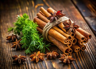 Cozy autumn still life: cinnamon sticks, fragrant herbs, and star anise evoke fall's essence.