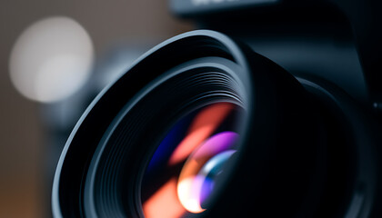 Close-up of camera lens with blurred background, representing photography and video production for advertising.	
