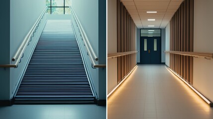 A serene view of a staircase leading upward, paired with a well-lit hallway, showcasing modern architectural design and clean lines.
