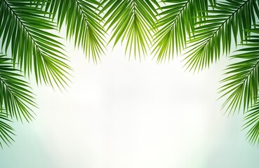 Obraz premium Bright green palm leaves form frame against light background. Natural beauty of tropical foliage. Ideal for Palm Sunday themes as religious background for design projects. Summery vibe, natural