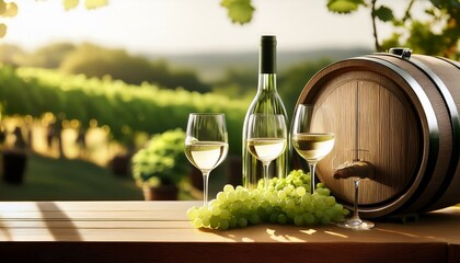 Fototapeta premium Beautiful Wine Distillery Grapes White Barrel Wine on Wooden Table Nature Vine Background