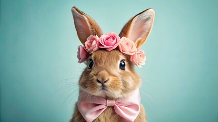 Fototapeta premium Delicate pastel pink: a brown rabbit adorned with roses and a bow; minimalist photography.