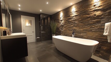 Modern bathroom with freestanding bathtub, stone wall, and recessed lighting.