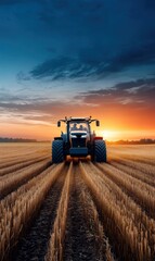 Fototapeta premium Tractor in Golden Wheat Field at Sunset Capturing Rural Farming Landscape and Vibrant Sky Colors