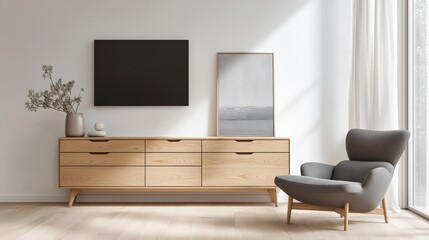 Generative AI, Minimalist Modern Living Room Featuring Light Oak and Neutral Tones