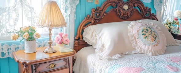 Vintage table lamp beside antique nightstand and bed in a charming bedroom setting